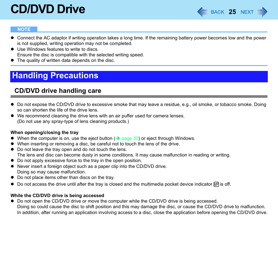 Cd/dvd drive, Handling precautions, Cd/dvd drive handling care | Panasonic CF-52 Series User Manual | Page 25 / 106