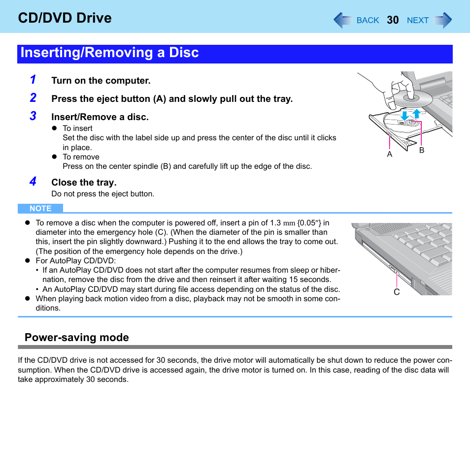 Cd/dvd drive, Inserting/removing a disc, Power-saving mode | Panasonic CF-52 Series User Manual | Page 30 / 106