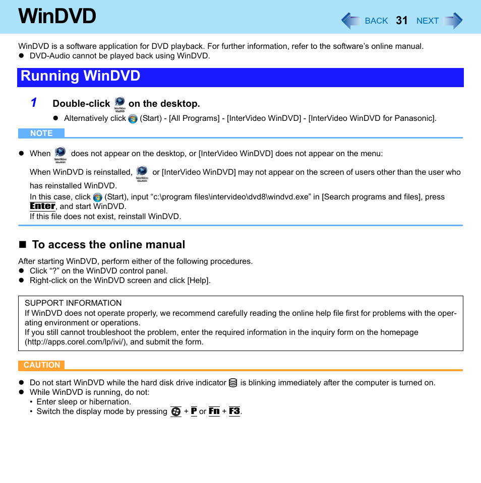 Windvd, Running windvd | Panasonic CF-52 Series User Manual | Page 31 / 106