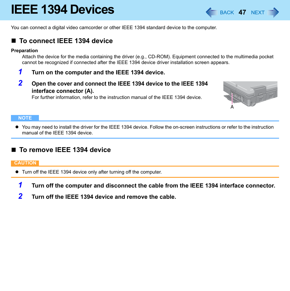 Ieee 1394 devices | Panasonic CF-52 Series User Manual | Page 47 / 106