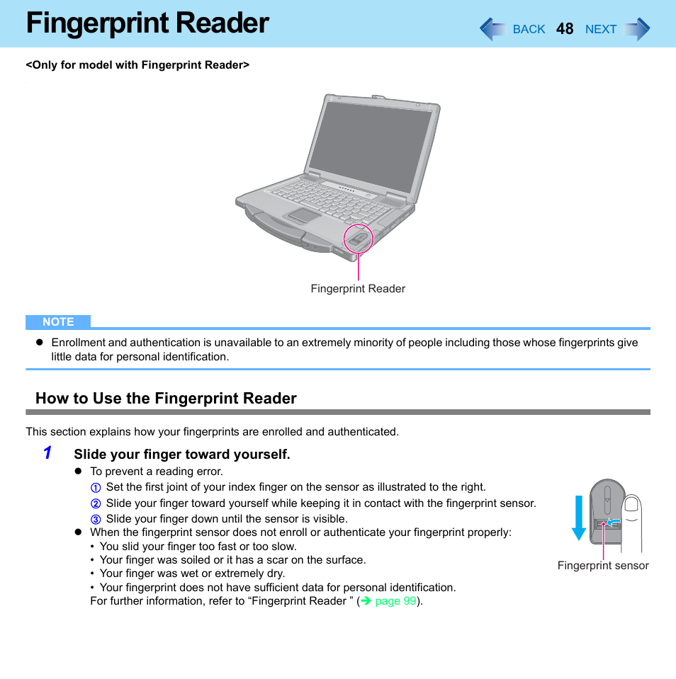 Fingerprint reader, How to use the fingerprint reader | Panasonic CF-52 Series User Manual | Page 48 / 106