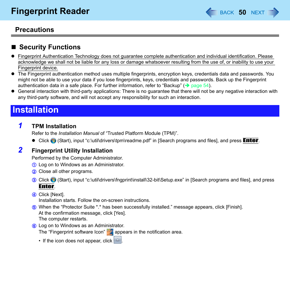 Fingerprint reader, Installation, Precautions  security functions | Panasonic CF-52 Series User Manual | Page 50 / 106