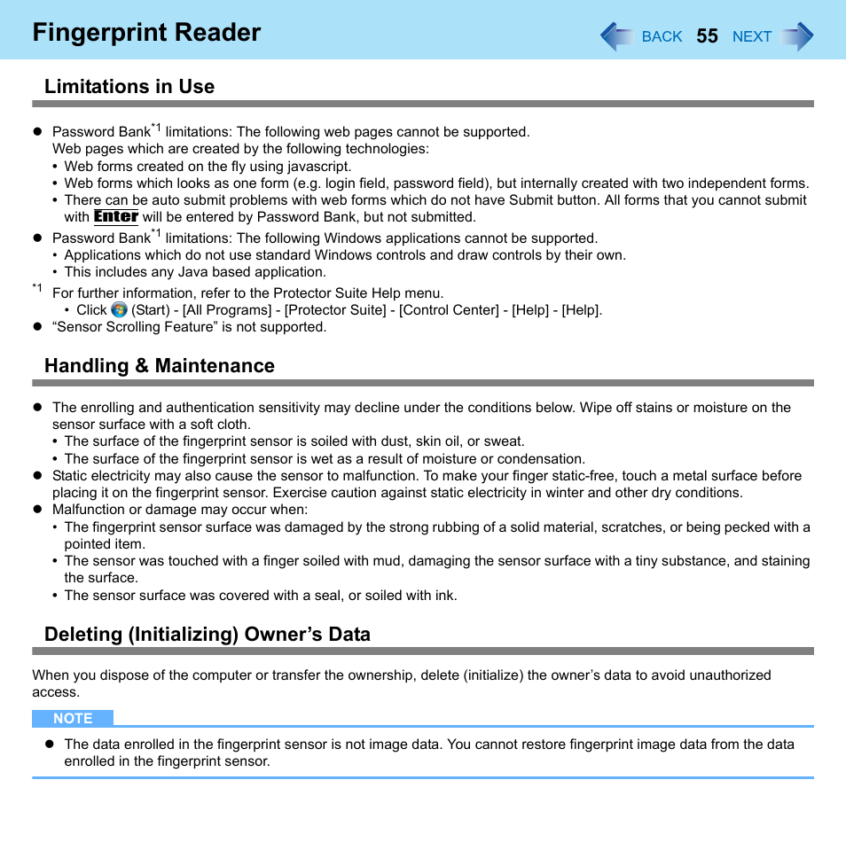 Fingerprint reader, Limitations in use, Handling & maintenance | Deleting (initializing) owner’s data | Panasonic CF-52 Series User Manual | Page 55 / 106