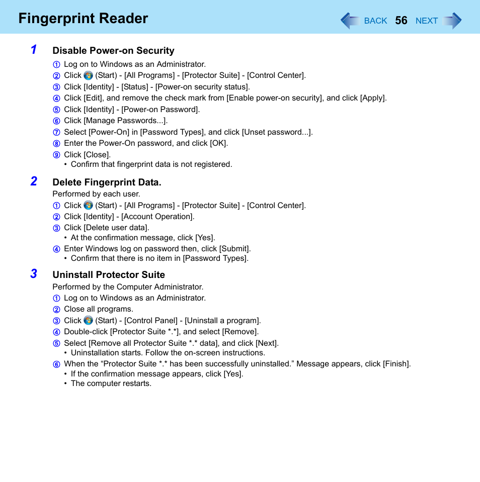Fingerprint reader | Panasonic CF-52 Series User Manual | Page 56 / 106