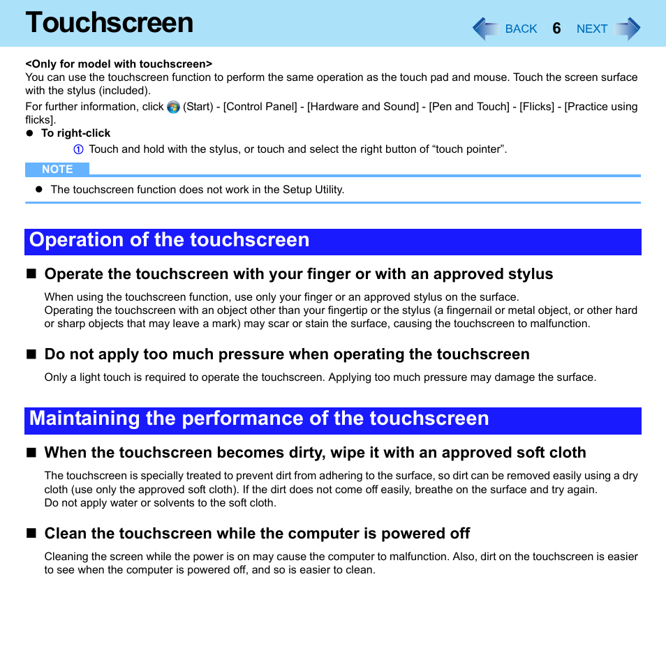 Touchscreen | Panasonic CF-52 Series User Manual | Page 6 / 106