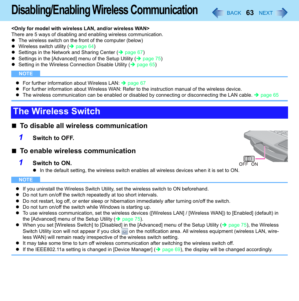 Disabling/enabling wireless communication, The wireless switch | Panasonic CF-52 Series User Manual | Page 63 / 106
