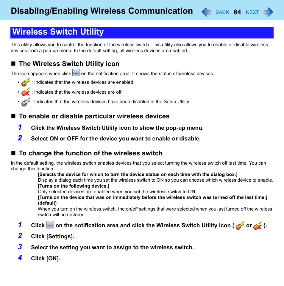 Utility, Disabling/enabling wireless communication, Wireless switch utility | Panasonic CF-52 Series User Manual | Page 64 / 106