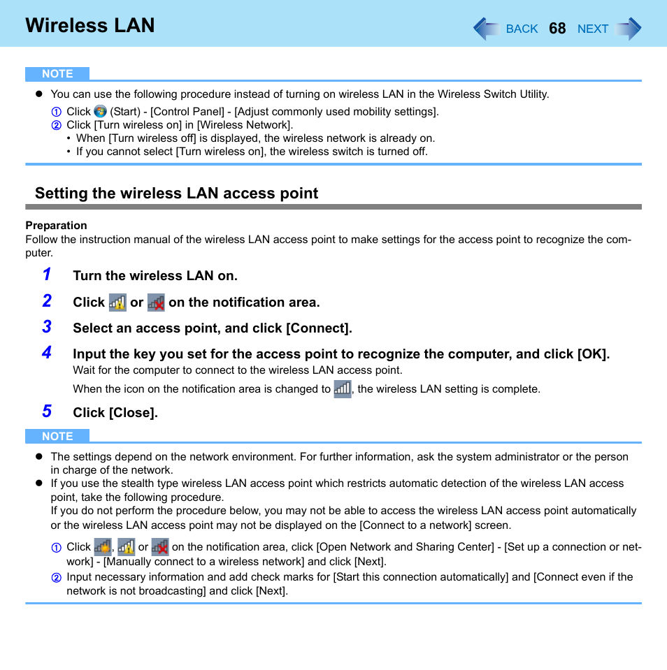 Wireless lan, Setting the wireless lan access point | Panasonic CF-52 Series User Manual | Page 68 / 106