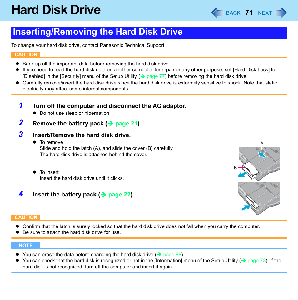 Hard disk drive, Inserting/removing the hard disk drive | Panasonic CF-52 Series User Manual | Page 71 / 106