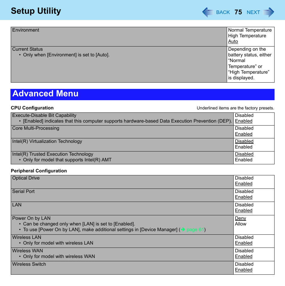 Utility, Advanced] menu of the setup utility, Setup utility | Advanced menu | Panasonic CF-52 Series User Manual | Page 75 / 106