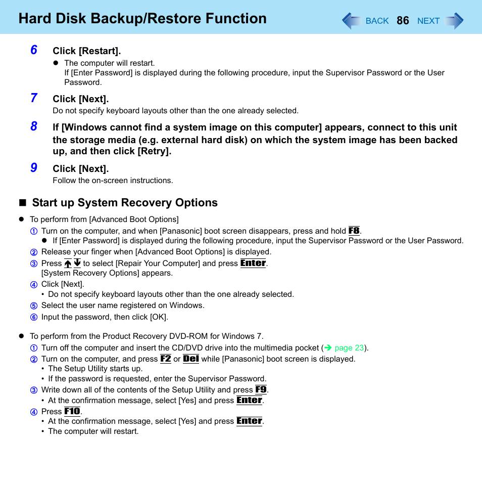 Hard disk backup/restore function, Start up system recovery options | Panasonic CF-52 Series User Manual | Page 86 / 106