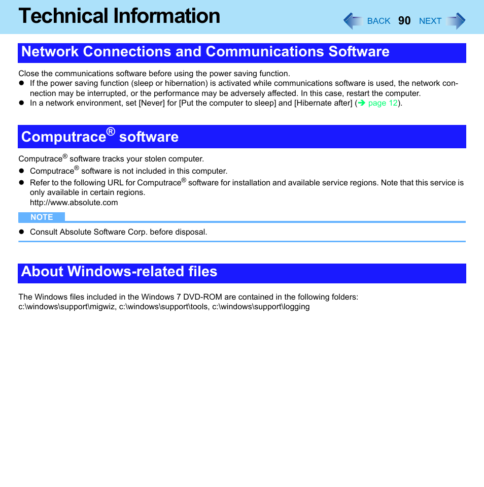 Technical information, Software about windows-related files | Panasonic CF-52 Series User Manual | Page 90 / 106