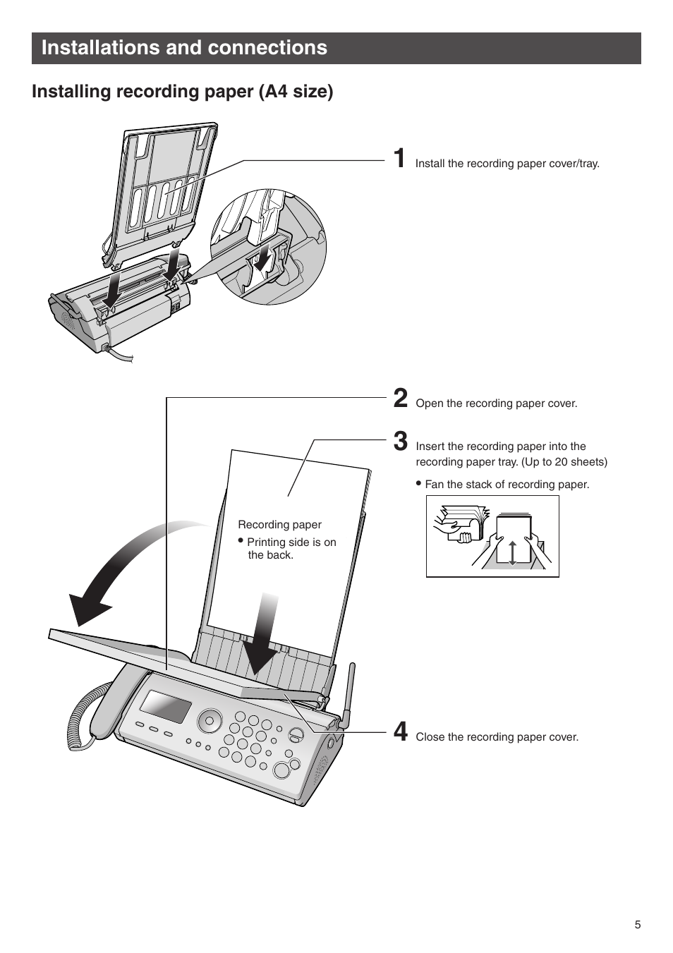 Installations and connections | Panasonic KX-PW504E2 User Manual | Page 5 / 20