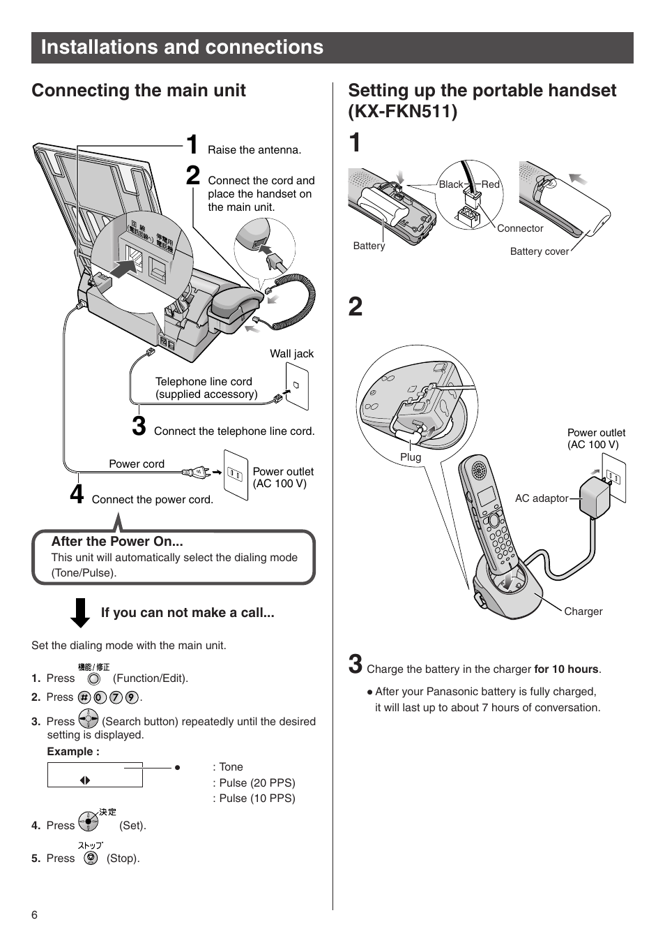 Installations and connections, Connecting the main unit, Setting up the portable handset (kx-fkn511) | Panasonic KX-PW504E2 User Manual | Page 6 / 20
