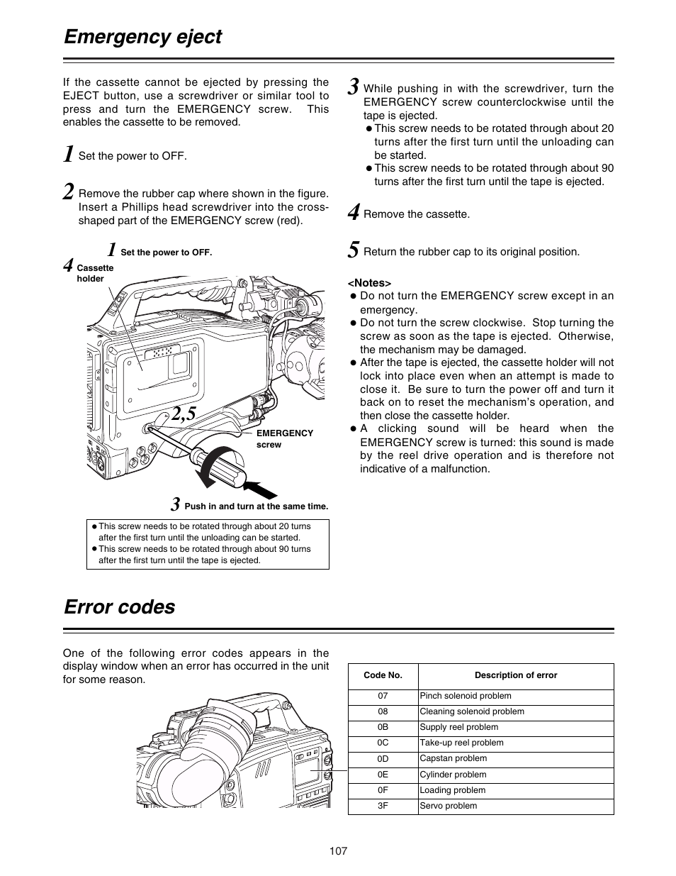 Emergency eject, Error codes | Panasonic AJ-HDC20A P User Manual | Page 107 / 116