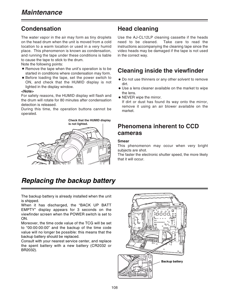 Maintenance, Replacing the backup battery, Condensation | Head cleaning, Cleaning inside the viewfinder, Phenomena inherent to ccd cameras | Panasonic AJ-HDC20A P User Manual | Page 108 / 116