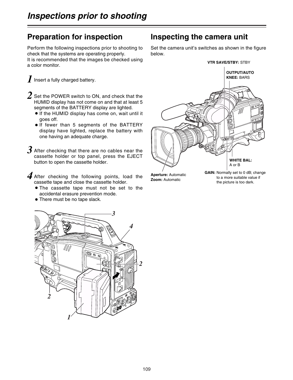 Inspections prior to shooting, Preparation for inspection, Inspecting the camera unit | Panasonic AJ-HDC20A P User Manual | Page 109 / 116