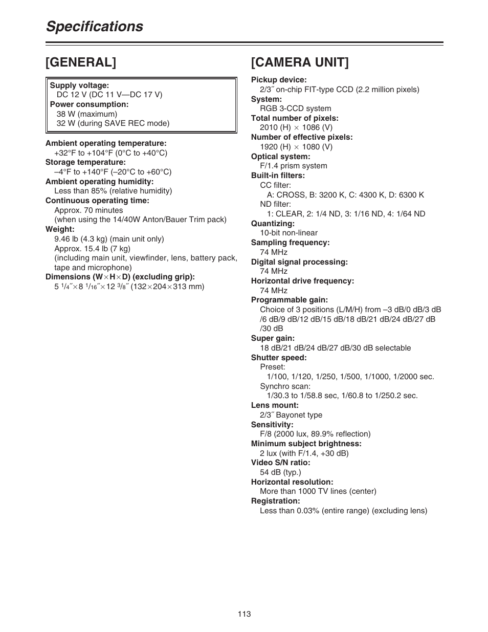 Specifications, General, Camera unit | Panasonic AJ-HDC20A P User Manual | Page 113 / 116