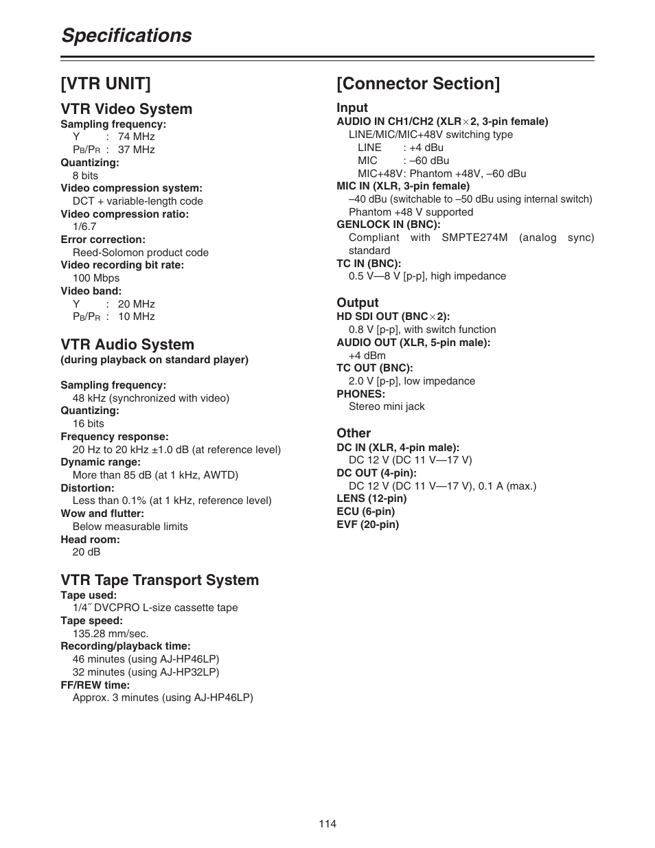 Specifications, Vtr video system, Vtr audio system | Vtr tape transport system | Panasonic AJ-HDC20A P User Manual | Page 114 / 116