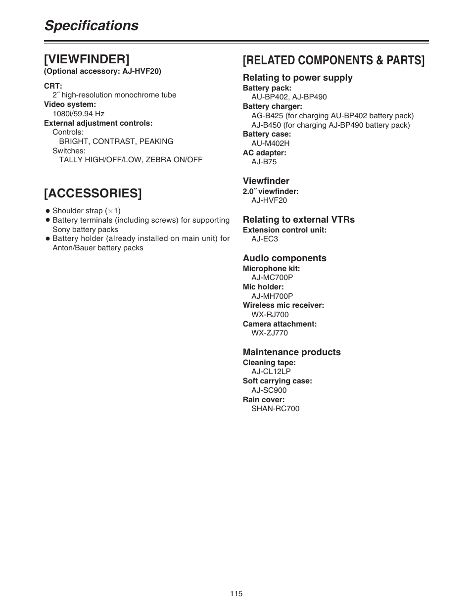 Specifications, Viewfinder, Accessories | Related components & parts | Panasonic AJ-HDC20A P User Manual | Page 115 / 116