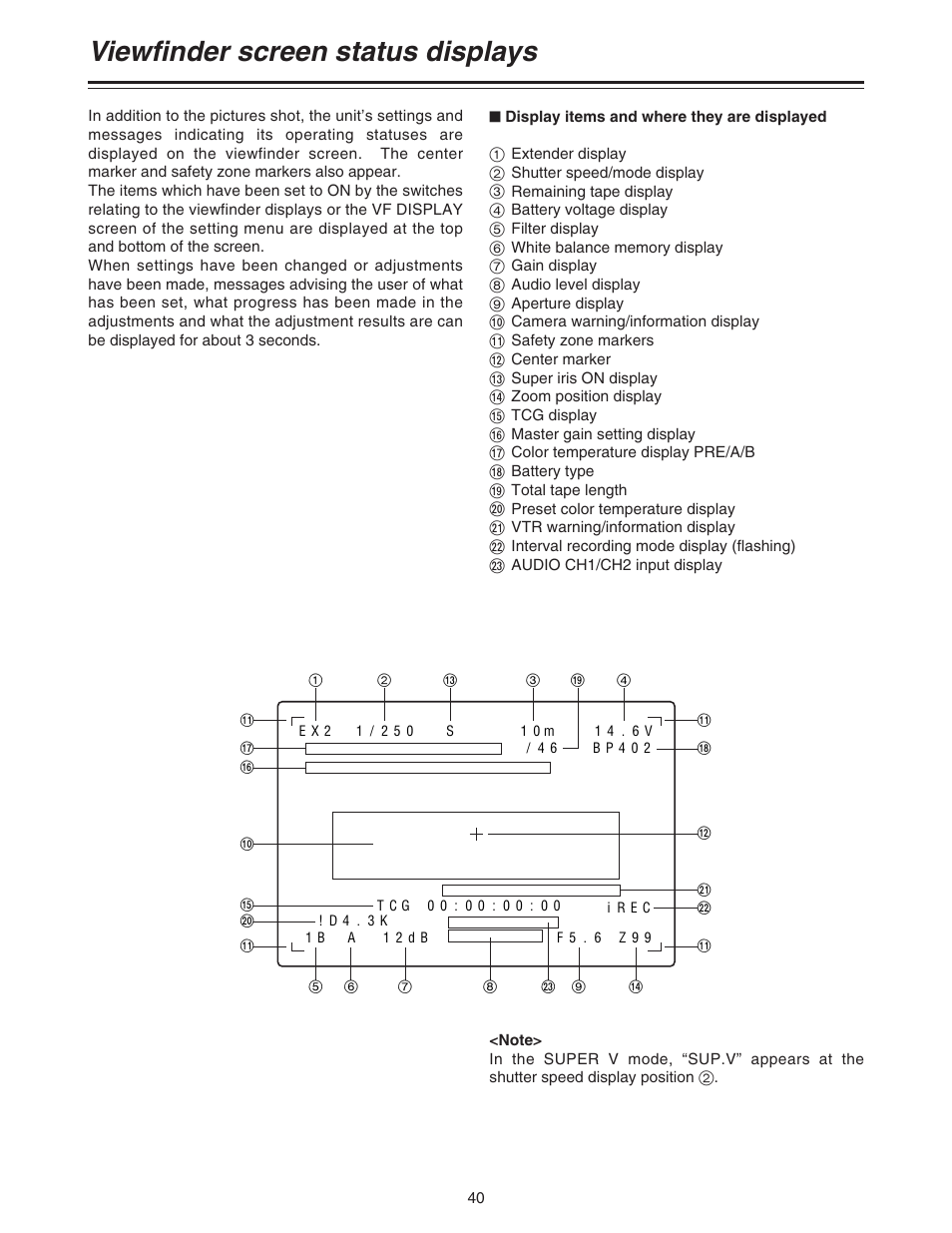 Viewfinder screen status displays | Panasonic AJ-HDC20A P User Manual | Page 40 / 116