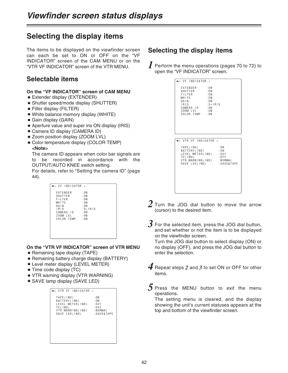 Viewfinder screen status displays, Selecting the display items, Selectable items selecting the display items | Panasonic AJ-HDC20A P User Manual | Page 42 / 116