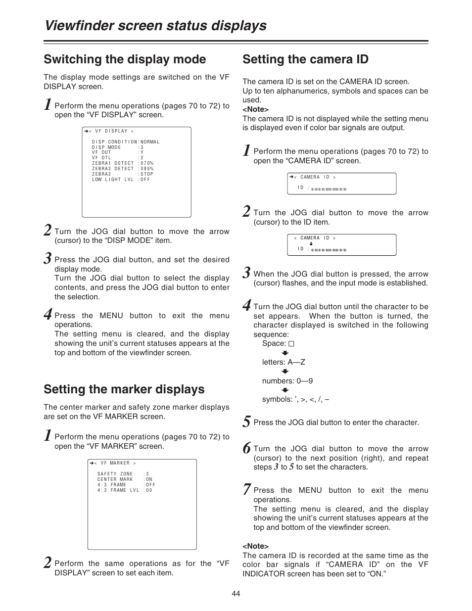 Viewfinder screen status displays, Switching the display mode, Setting the marker displays | Setting the camera id | Panasonic AJ-HDC20A P User Manual | Page 44 / 116