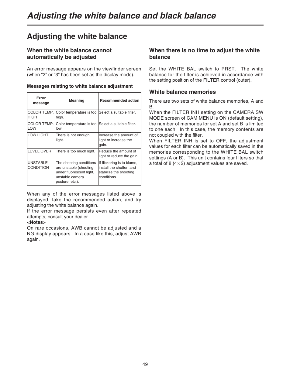 Adjusting the white balance and black balance, Adjusting the white balance, When there is no time to adjust the white balance | Panasonic AJ-HDC20A P User Manual | Page 49 / 116
