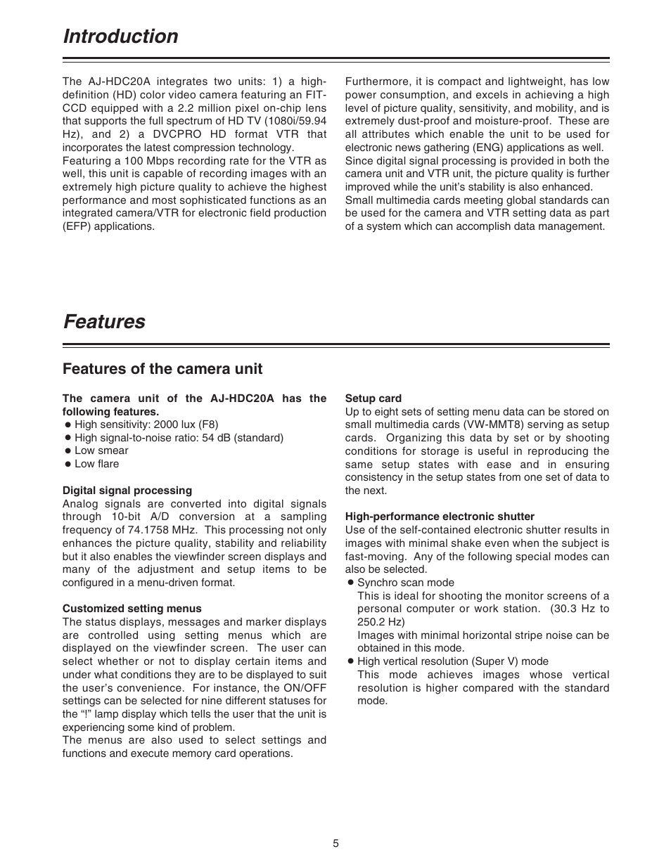 Introduction features, Features of the camera unit | Panasonic AJ-HDC20A P User Manual | Page 5 / 116