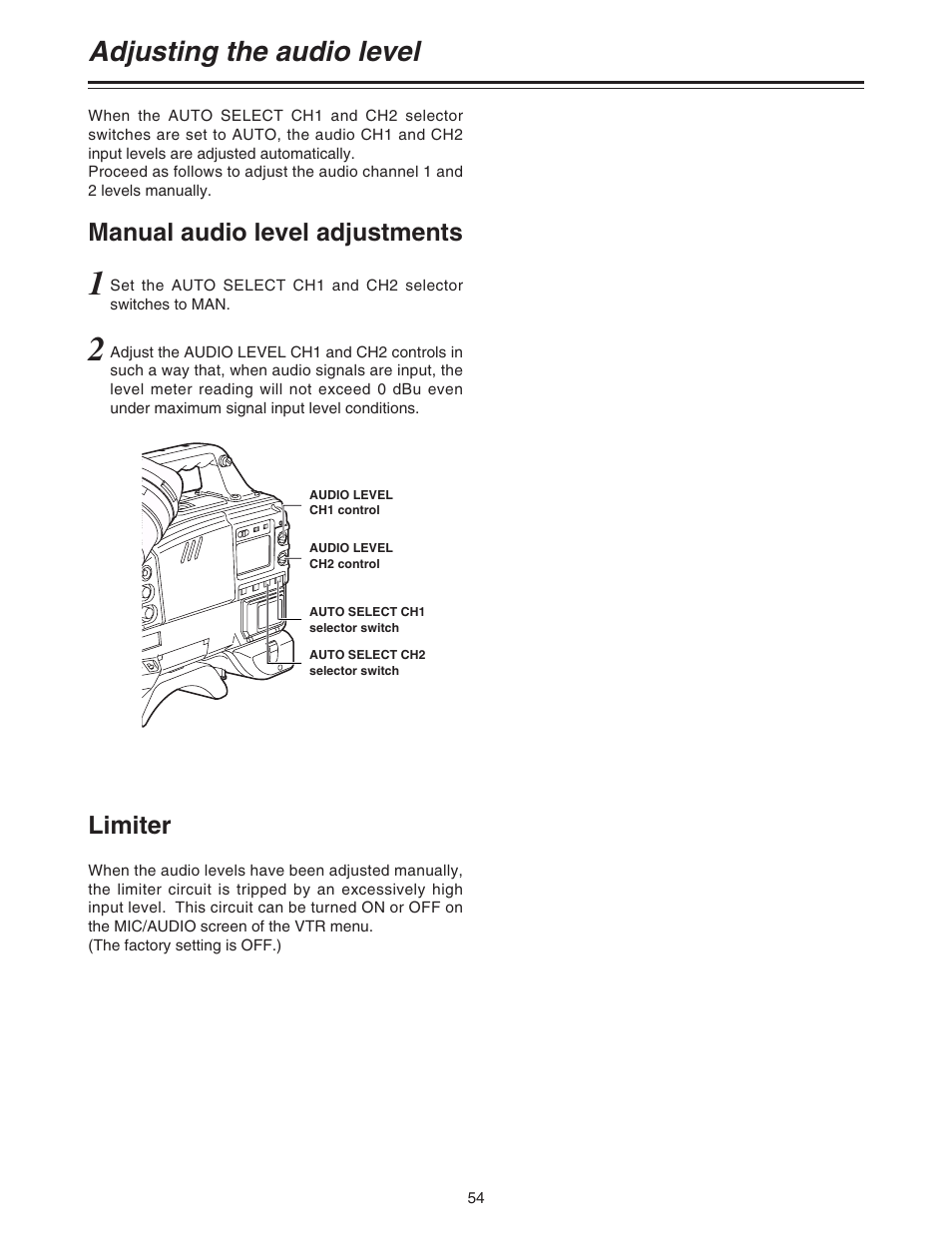 Adjusting the audio level, Manual audio level adjustments, Limiter | Panasonic AJ-HDC20A P User Manual | Page 54 / 116