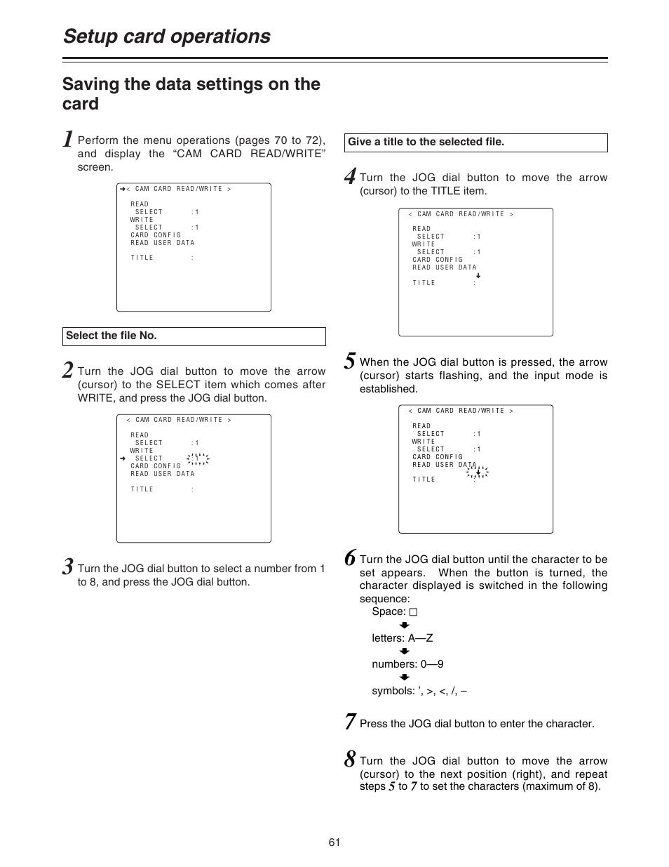 Setup card operations, Saving the data settings on the card | Panasonic AJ-HDC20A P User Manual | Page 61 / 116