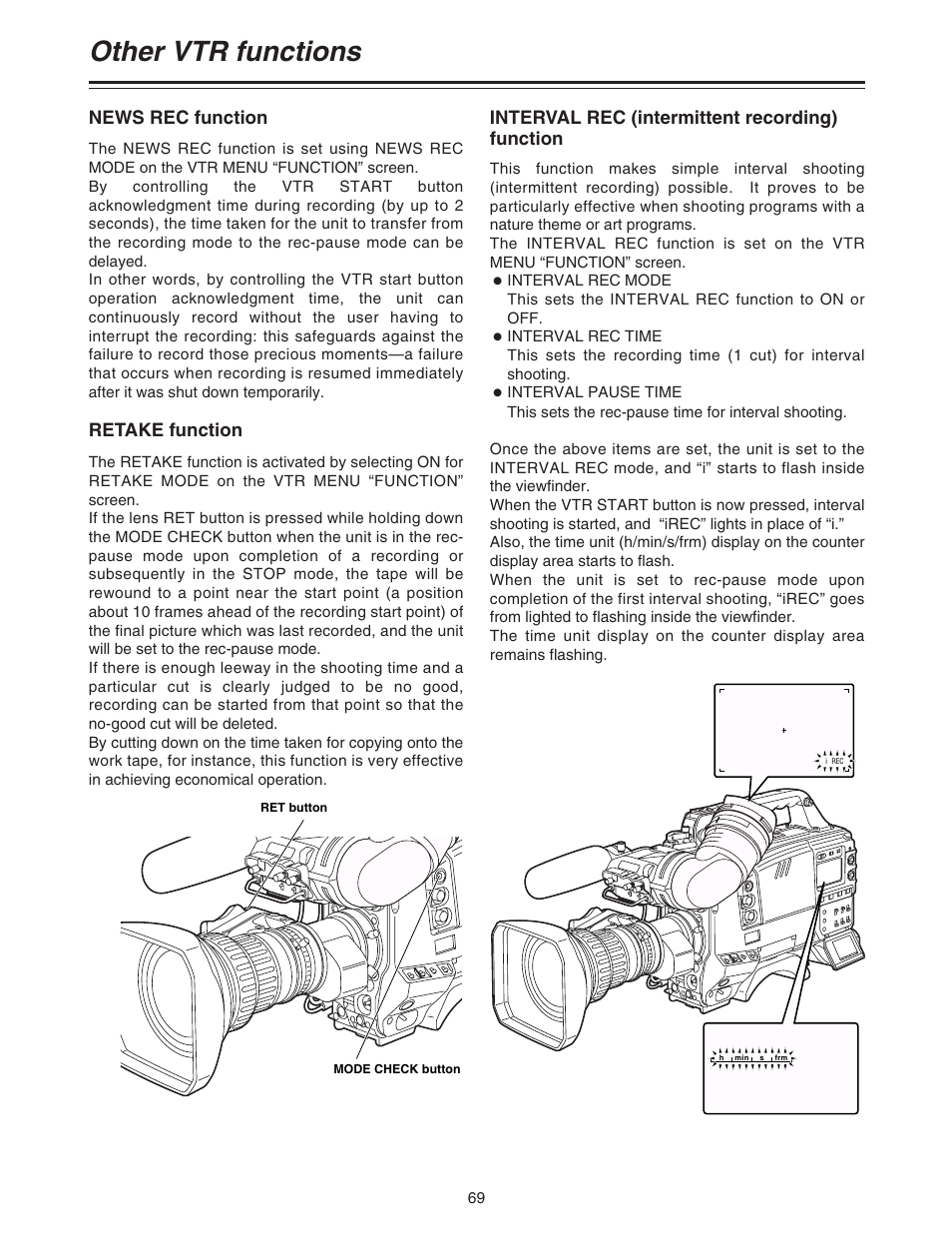 Other vtr functions, News rec function, Retake function | Interval rec (intermittent recording) function | Panasonic AJ-HDC20A P User Manual | Page 69 / 116