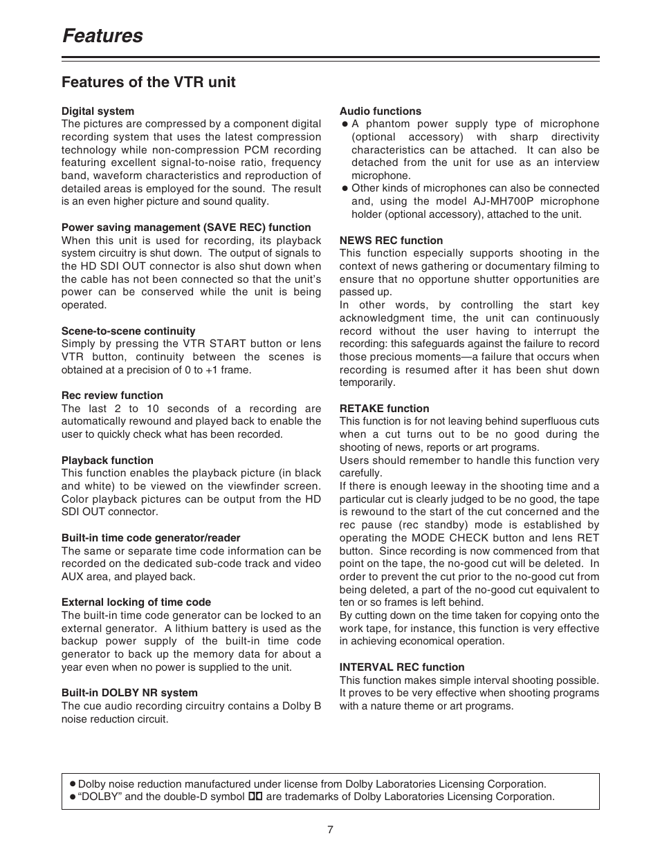 Features, Features of the vtr unit | Panasonic AJ-HDC20A P User Manual | Page 7 / 116
