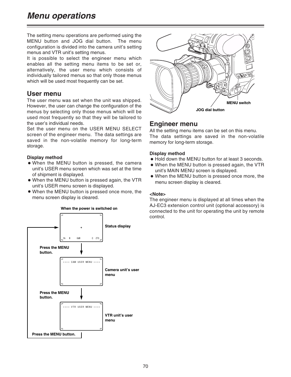 Menu operations, User menu, Engineer menu | Panasonic AJ-HDC20A P User Manual | Page 70 / 116