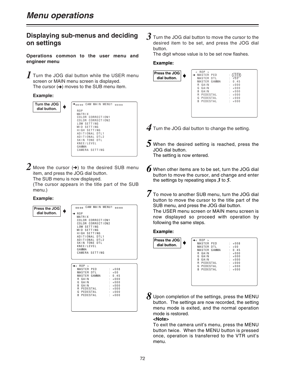 Menu operations, Displaying sub-menus and deciding on settings | Panasonic AJ-HDC20A P User Manual | Page 72 / 116