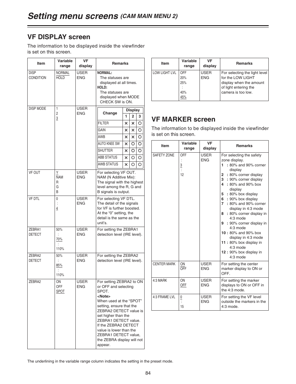 Setting menu screens, Vf display screen, Vf marker screen | Cam main menu 2) | Panasonic AJ-HDC20A P User Manual | Page 84 / 116