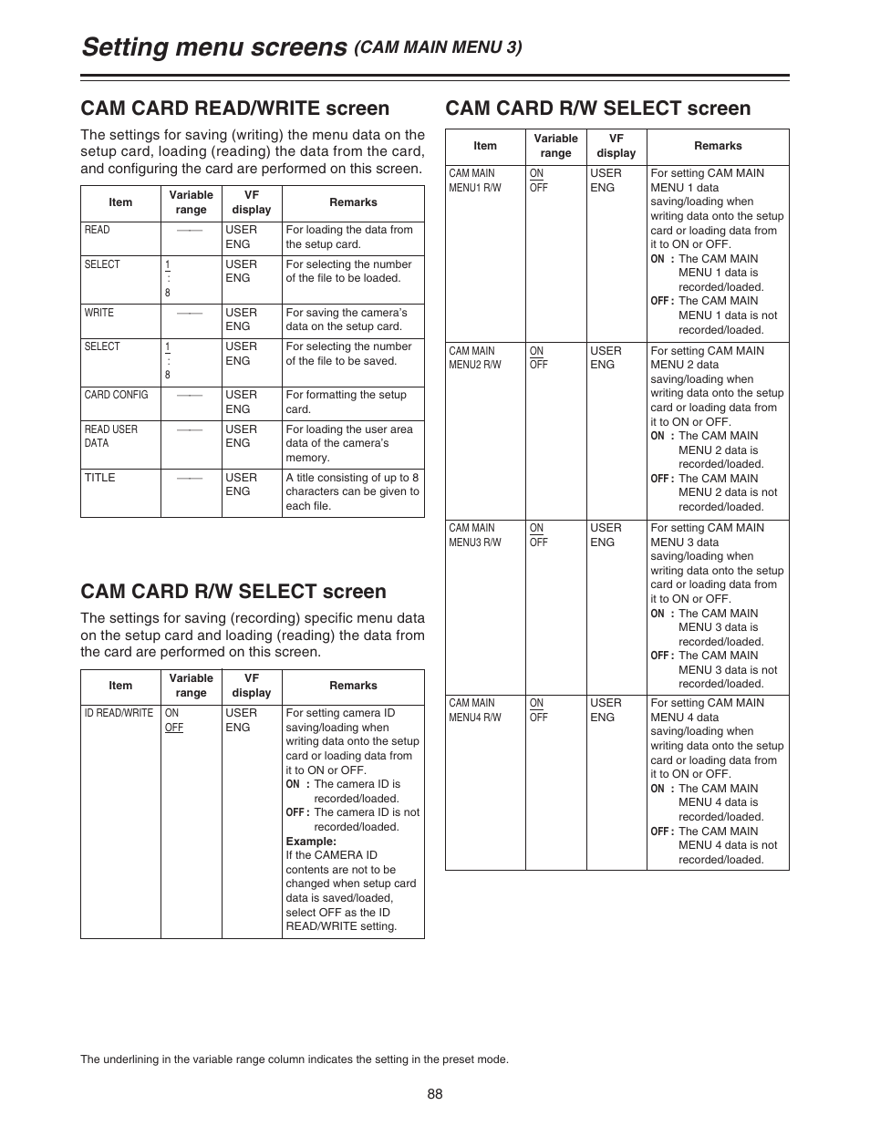 Setting menu screens, Cam card read/write screen, Cam card r/w select screen | Cam main menu 3) | Panasonic AJ-HDC20A P User Manual | Page 88 / 116