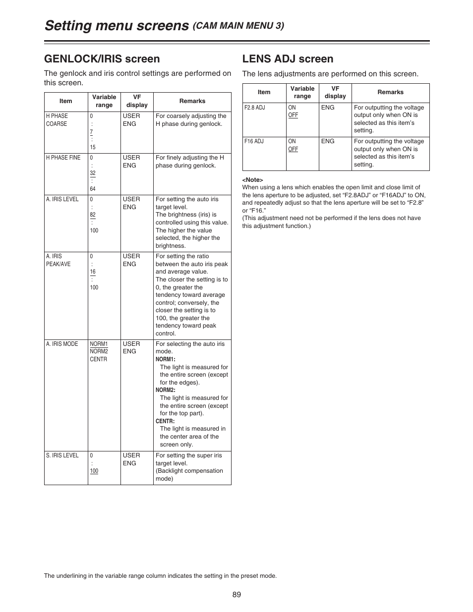 Setting menu screens, Genlock/iris screen, Lens adj screen | Cam main menu 3) | Panasonic AJ-HDC20A P User Manual | Page 89 / 116