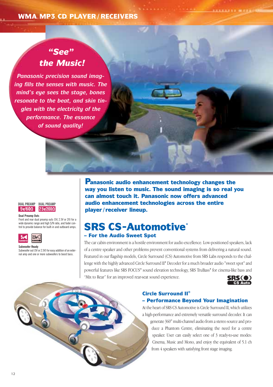Srs cs-automotive, See” the music, Wma mp3 cd player / receivers | Panasonic Car Audio & DVD Car Navigation System User Manual | Page 12 / 44