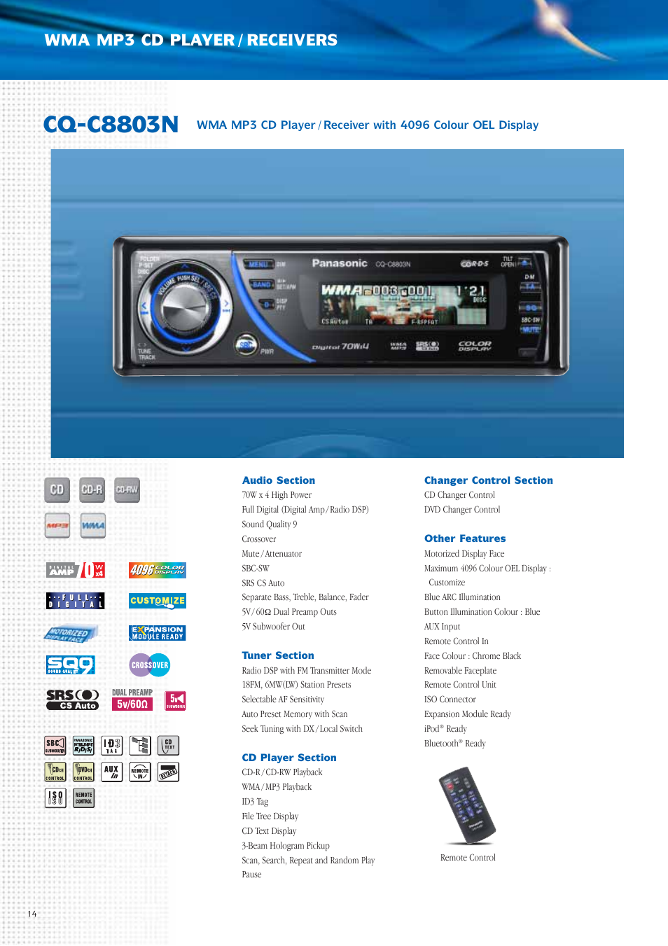 Cq-c8803n, Wma mp3 cd player / receivers | Panasonic Car Audio & DVD Car Navigation System User Manual | Page 14 / 44