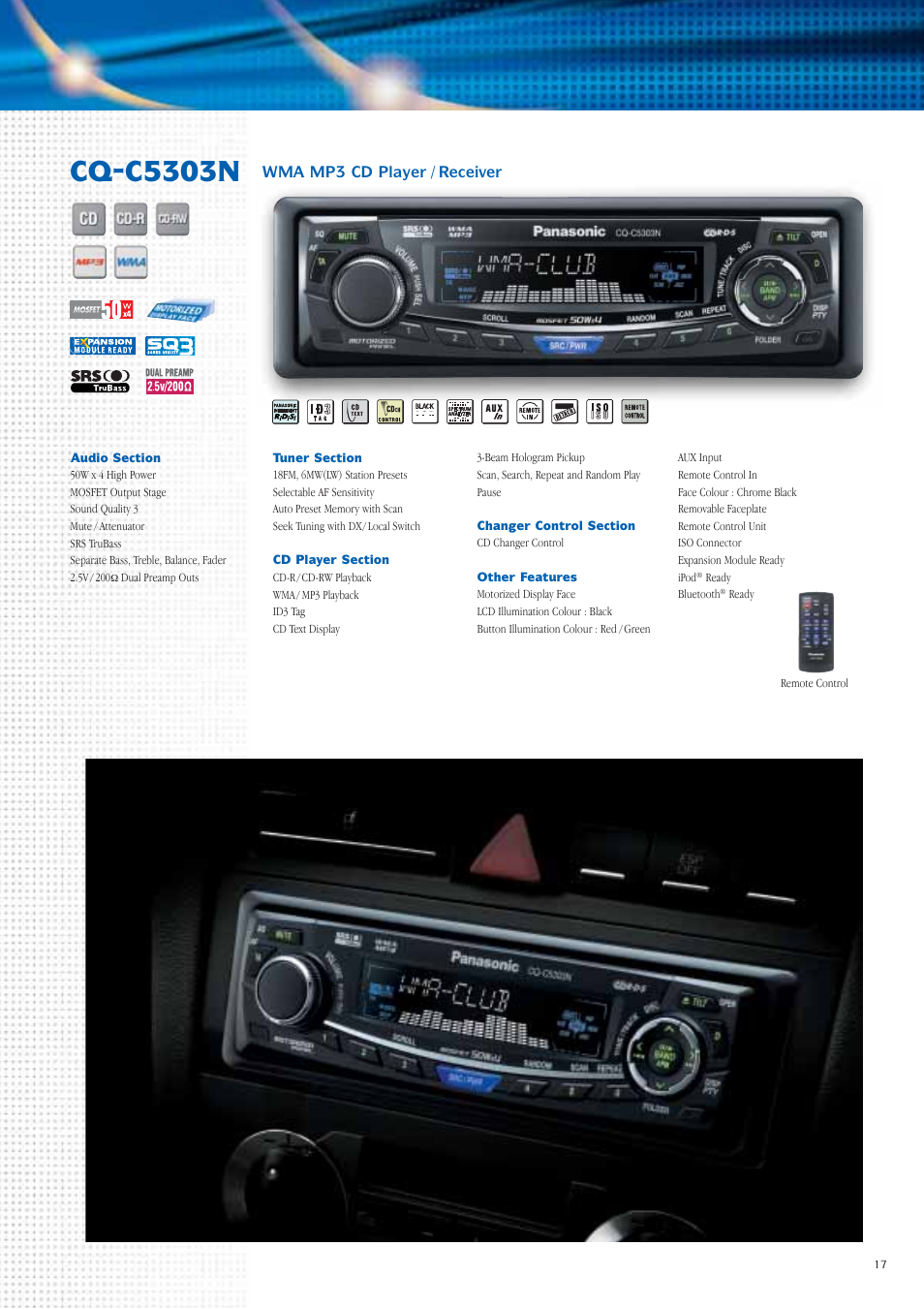 Cq-c5303n, Wma mp3 cd player / receiver | Panasonic Car Audio & DVD Car Navigation System User Manual | Page 17 / 44