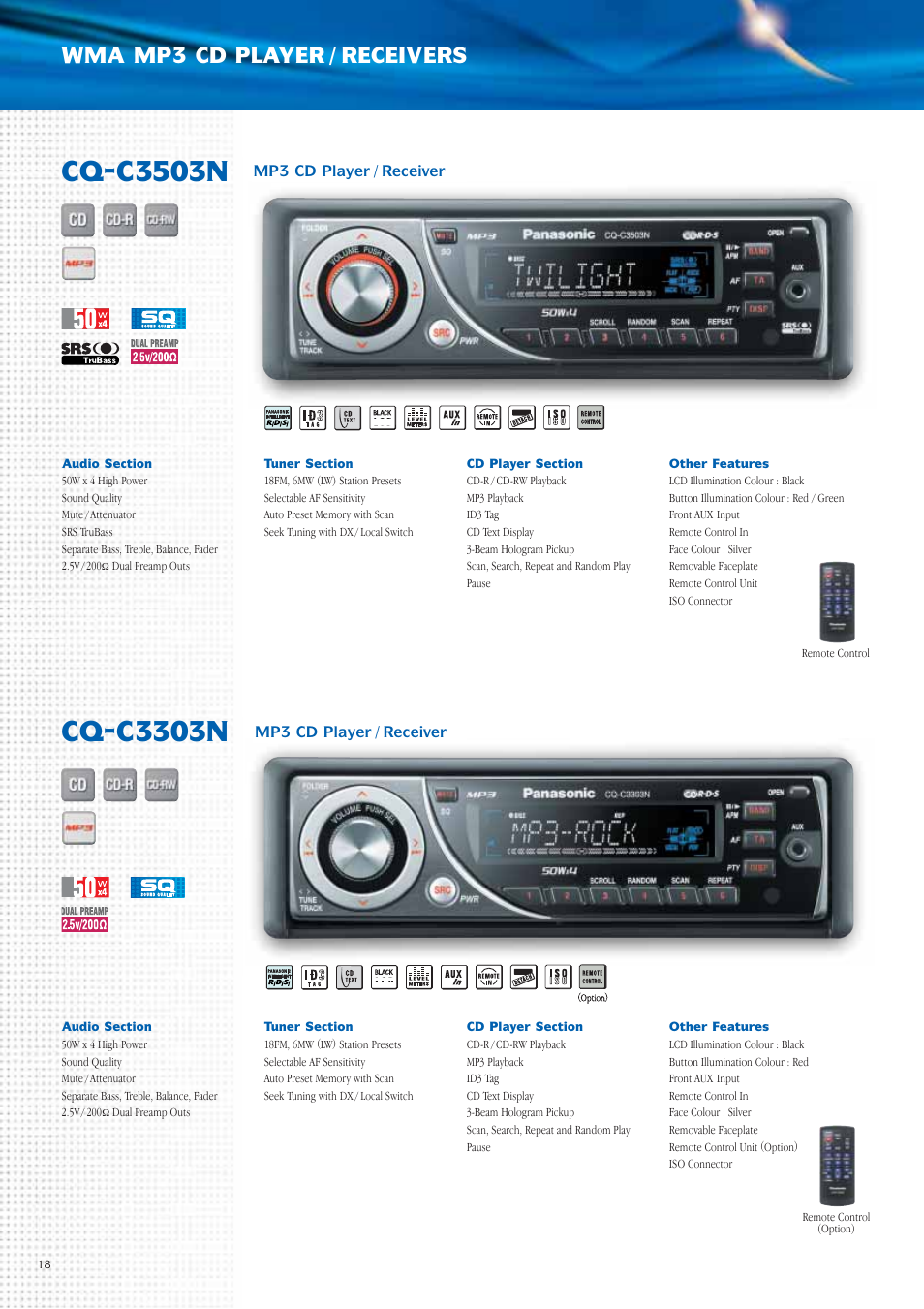 Cq-c3503n, Cq-c3303n, Wma mp3 cd player / receivers | Panasonic Car Audio & DVD Car Navigation System User Manual | Page 18 / 44