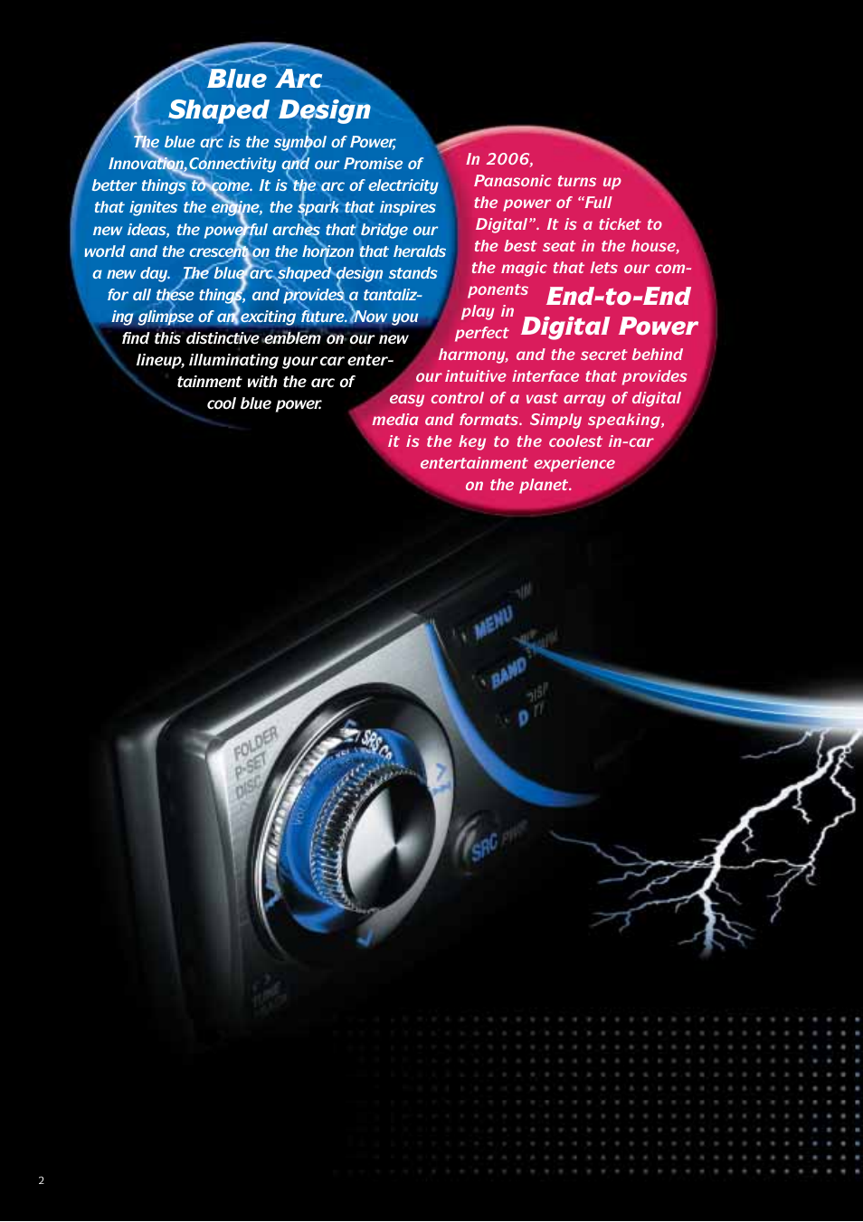 Blue arc shaped design, End-to-end digital power | Panasonic Car Audio & DVD Car Navigation System User Manual | Page 2 / 44