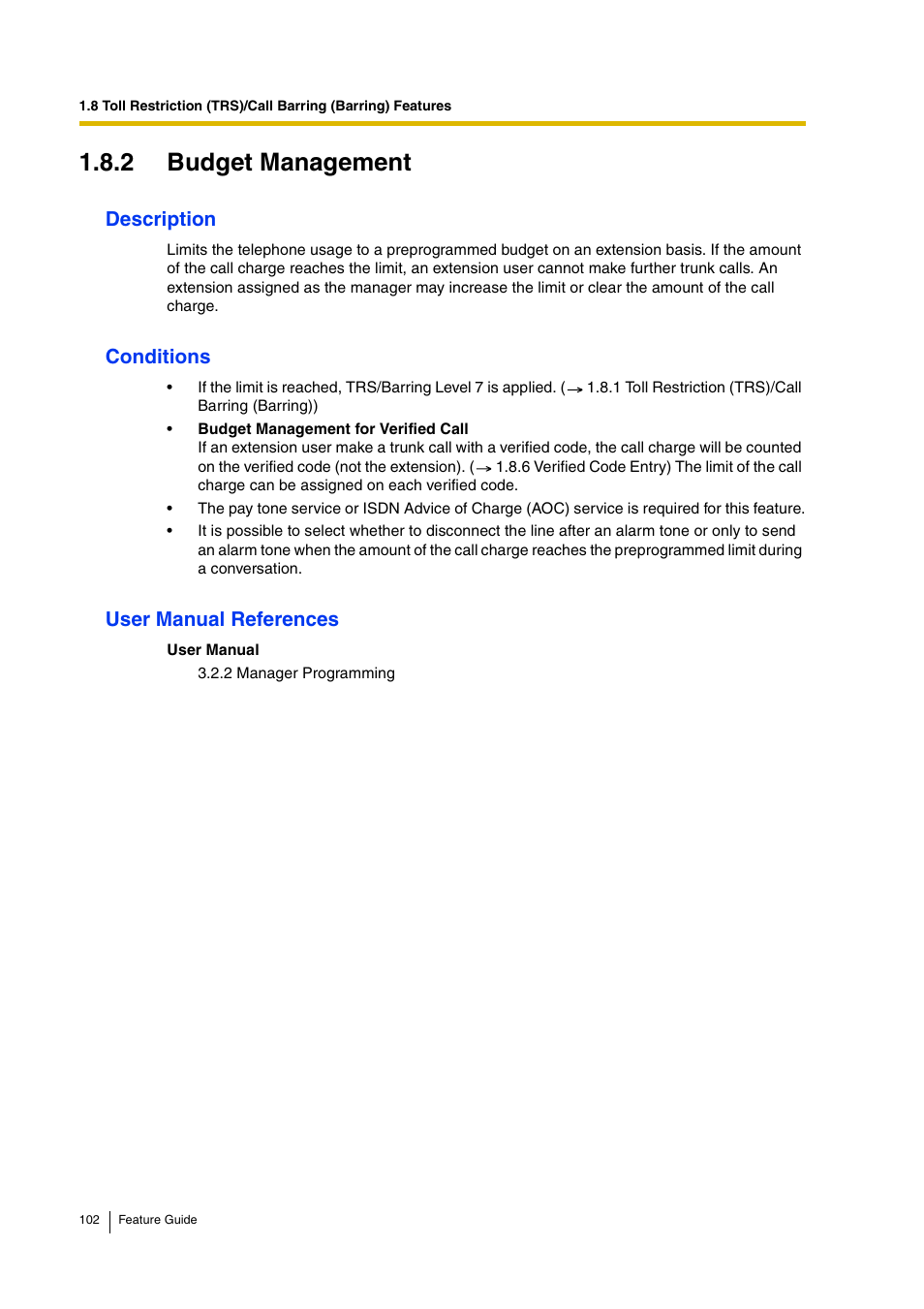 2 budget management, 2 budget, Management) | 2 budget management), Description, Conditions, User manual references | Panasonic HYBRID IP-PBX KX-TDA200 User Manual | Page 102 / 358