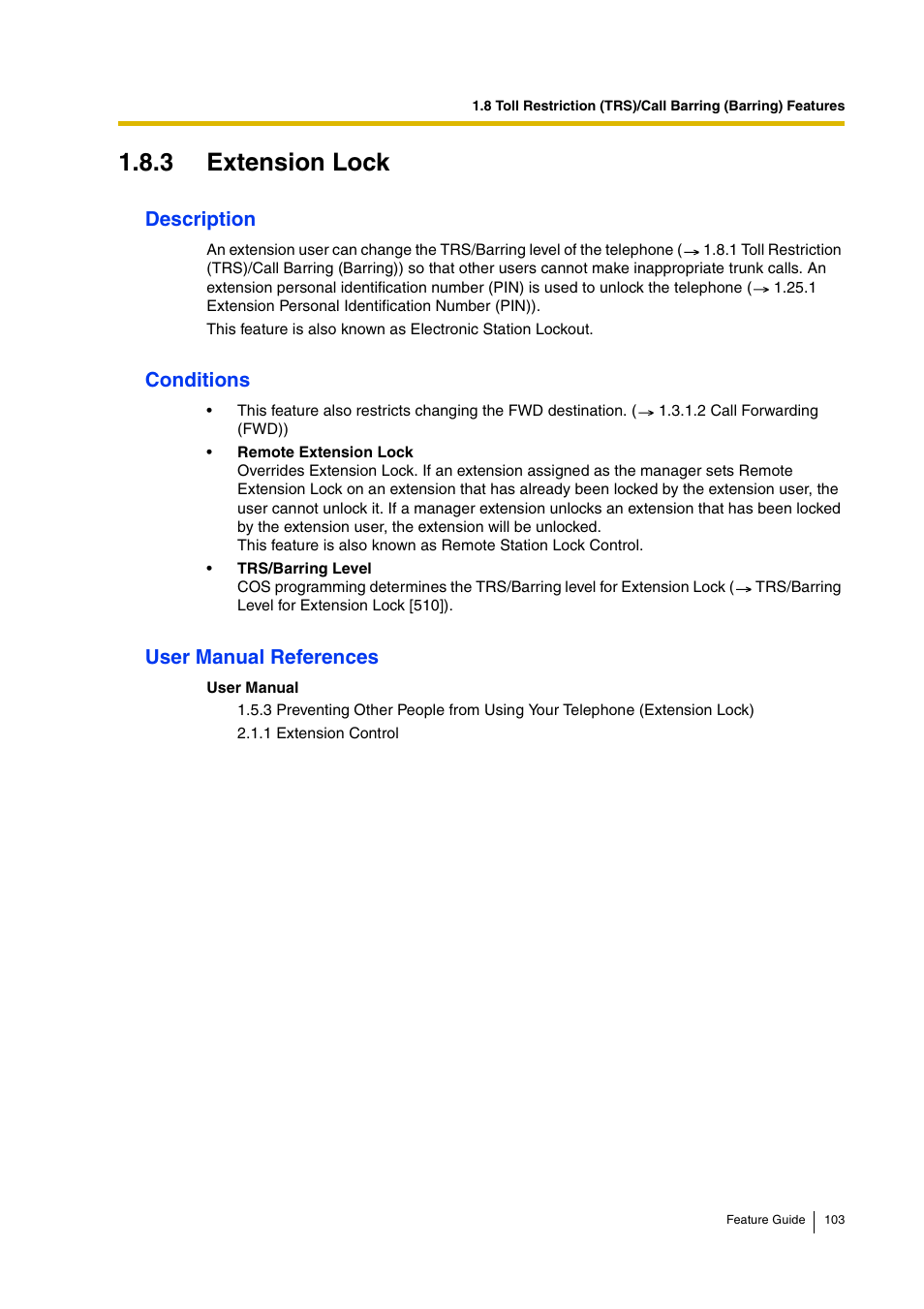 3 extension lock, 3 extension lock), Description | Conditions, User manual references | Panasonic HYBRID IP-PBX KX-TDA200 User Manual | Page 103 / 358