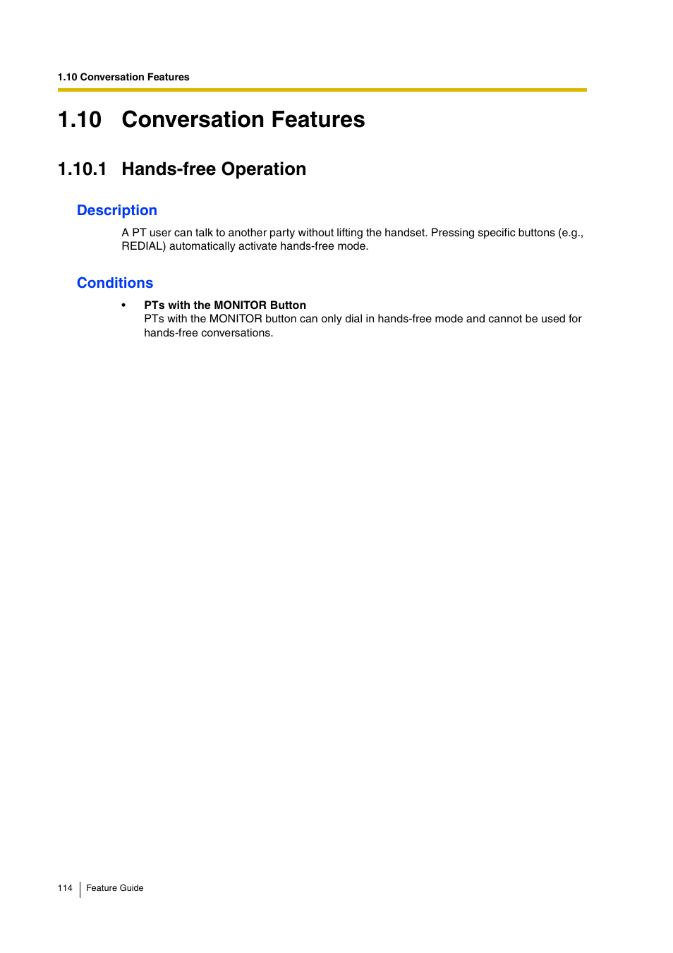 10 conversation features, 1 hands-free operation | Panasonic HYBRID IP-PBX KX-TDA200 User Manual | Page 114 / 358