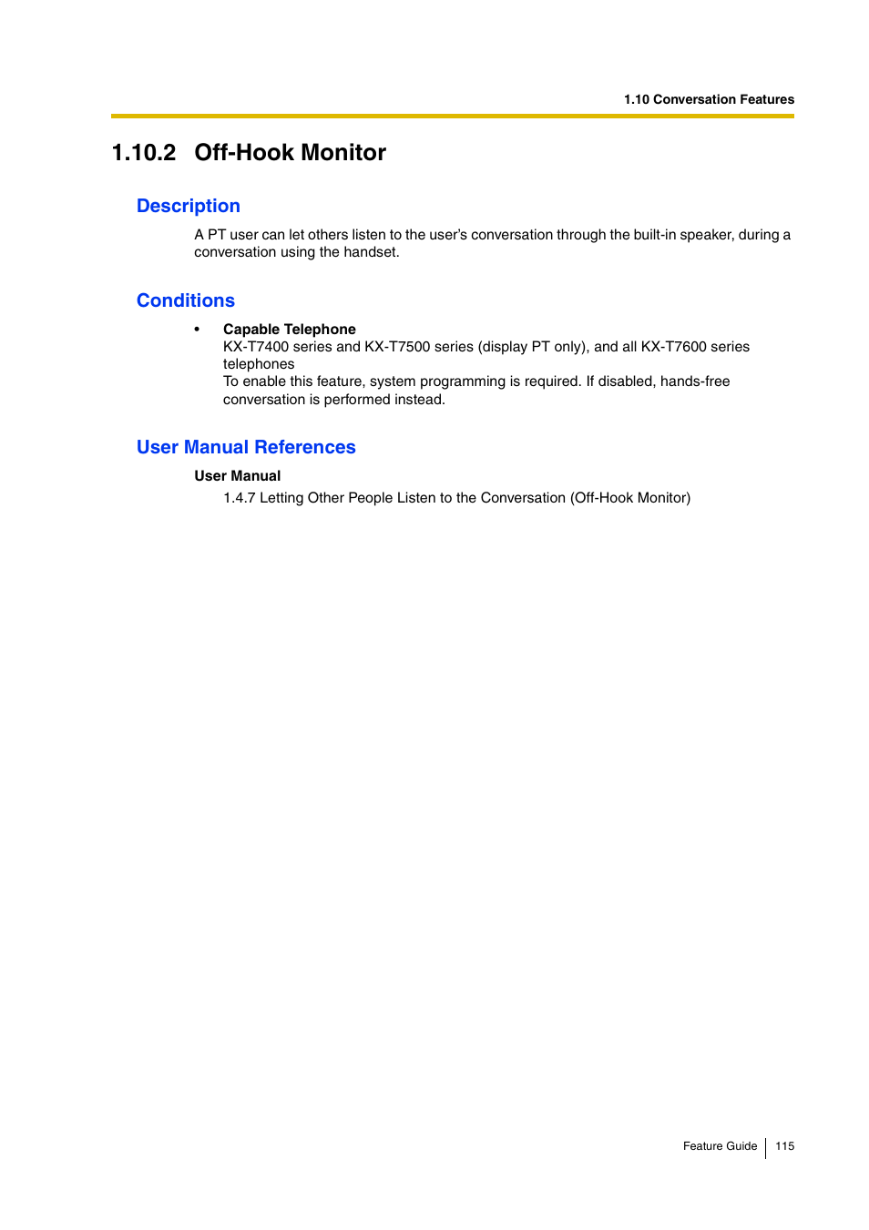 2 off-hook monitor, Description, Conditions | User manual references | Panasonic HYBRID IP-PBX KX-TDA200 User Manual | Page 115 / 358