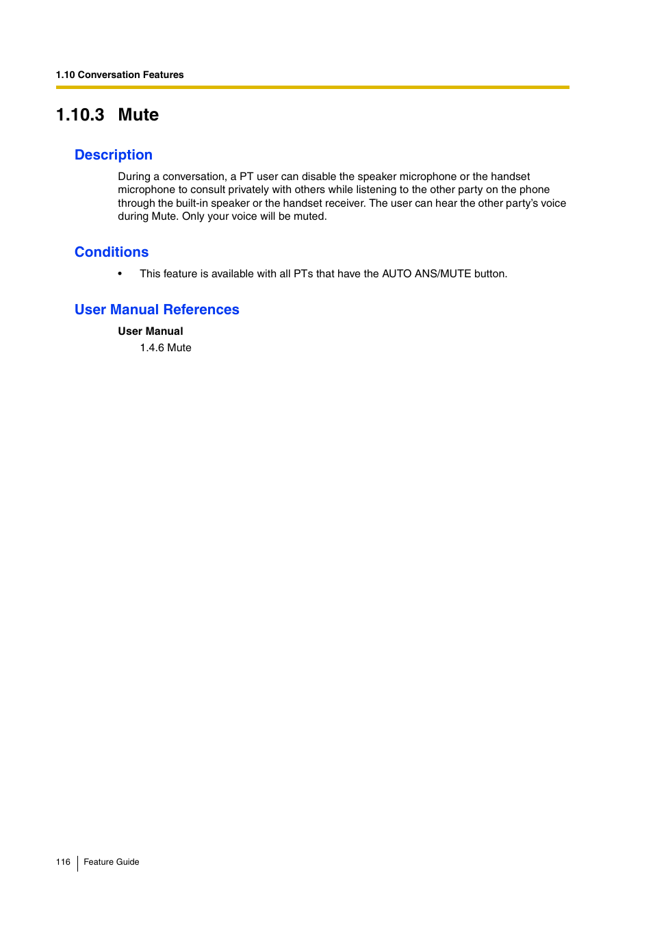 3 mute, Description, Conditions | User manual references | Panasonic HYBRID IP-PBX KX-TDA200 User Manual | Page 116 / 358