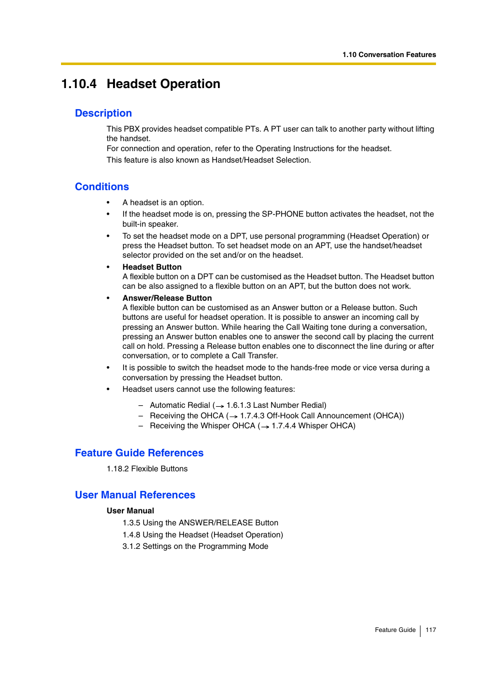 4 headset operation, Description, Conditions | Feature guide references, User manual references | Panasonic HYBRID IP-PBX KX-TDA200 User Manual | Page 117 / 358