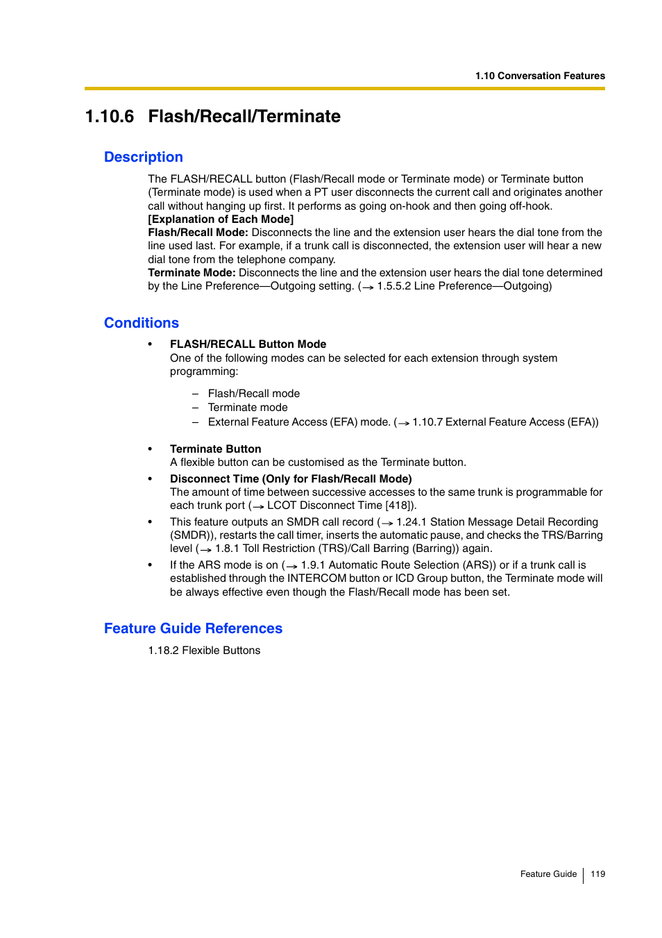 6 flash/recall/terminate, Description, Conditions | Feature guide references | Panasonic HYBRID IP-PBX KX-TDA200 User Manual | Page 119 / 358